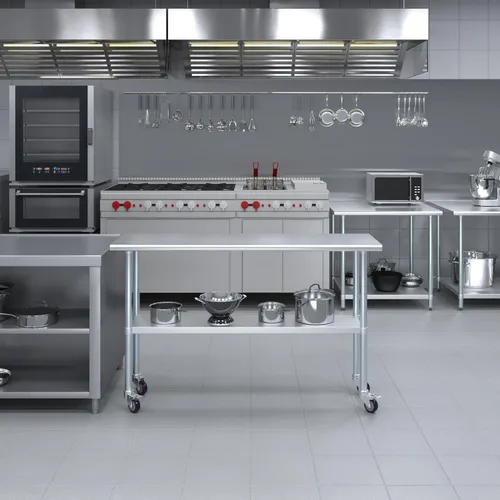 Vista 5 de AmGood Mesa de trabajo de acero inoxidable de 18 x 60 pulgadas con ruedas Mesa móvil de metal Preparación de alimentos