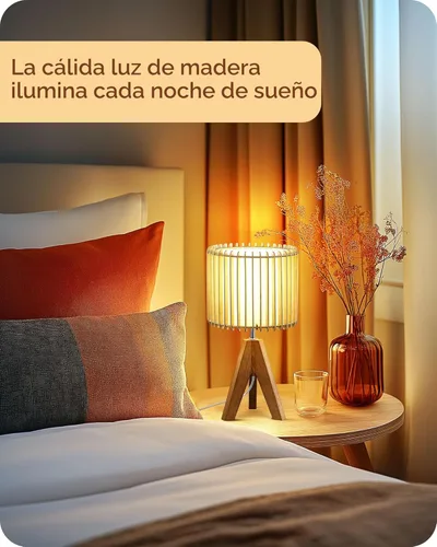 Vista 6 de EDISHINE Lámpara de Mesa Pequeña de 14.17", Lámpara de Mesita de Noche con Trípode de Madera, Pantalla Hueca de Color Madera Natural y PVC Blanco