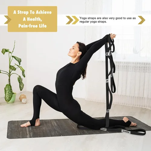 Vista 4 de Correa elástica para yoga, no elástica, con letras y comentarios, 10 bucles para terapia física, ejercicio, pilates, baile, gimnasia