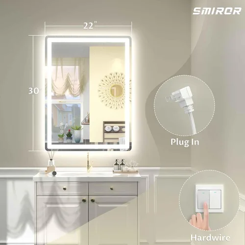 Vista 2 de SMIROR Espejo de baño LED con luces de 22" x 30", espejo de tocador rectangular redondeado iluminado para pared, iluminado frontal y retroiluminado