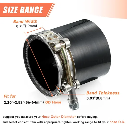 Vista 2 de Paquete de 2 abrazaderas de manguera con perno en T de 2 pulgadas, abrazadera de entrada turbo de acero inoxidable 304, rango de trabajo de 2.20 a