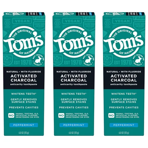 Tom's of Maine Pasta de dientes de carbón activado natural con flúor, menta, paquete de 3, 4.0 onzas