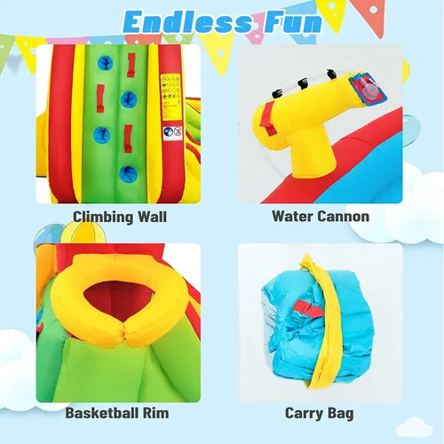 Vista 2 de HONEY JOY Tobogán acuático inflable, parque acuático inflable 7 en 1 con dos toboganes, pared de escalada y piscina de salpicaduras, manguera