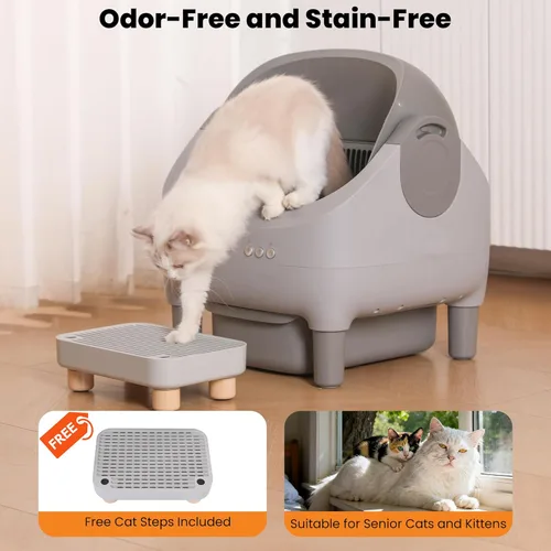 Vista 3 de Caja de arena automática mejorada, autolimpieza, con escalón elevado, parte superior abierta, gran capacidad para múltiples gatos, control de olores