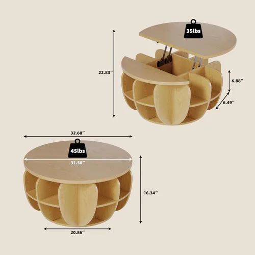Vista 2 de Mesa auxiliar de 32.7 pulgadas con almacenamiento, mesa central redonda de madera natural con compartimento de almacenamiento oculto y estantes
