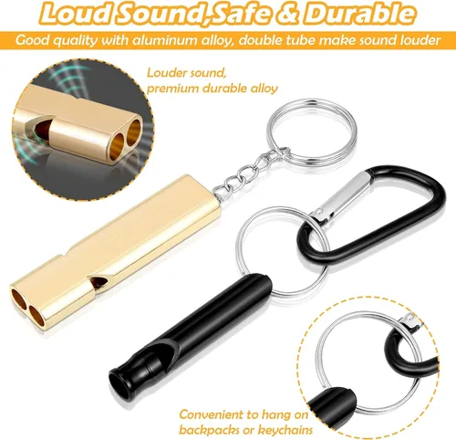 Vista 5 de Silbato de seguridad con cordón, llavero de aluminio, silbato de seguridad para senderismo, silbato de supervivencia de doble tubo, silbato