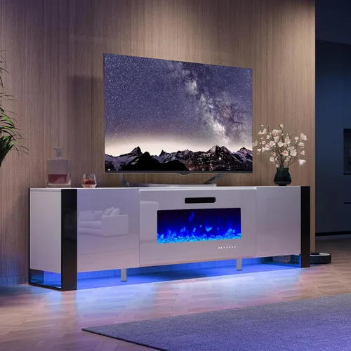 Vista 4 de AMERLIFE Soporte de TV con chimenea de 36 pulgadas, luces LED modernas de alto brillo para centro de entretenimiento de 70 pulgadas, patas