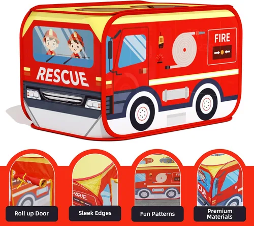 Vista 4 de KORIMEFA Tienda de campaña grande para camiones de bomberos para niños Rojo
