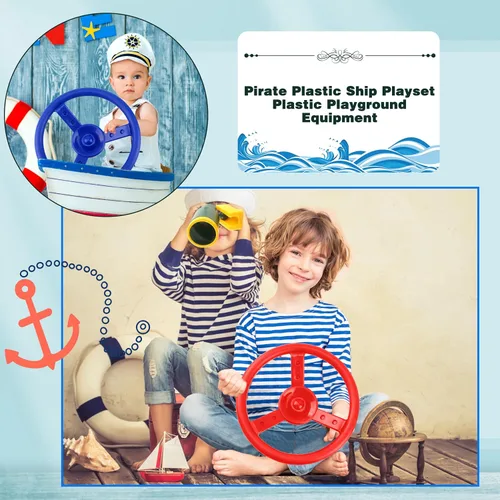 Vista 4 de Juego de 2 volantes de plástico pirata con herramientas de montaje para niños, parque infantil, gimnasio al aire libre (azul, rojo)