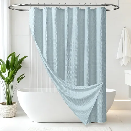 Vista 8 de 3 in 1 Waffle Shower Curtain Set with PEVA Liner 72Wx72H Fog Blue Azul Niebla