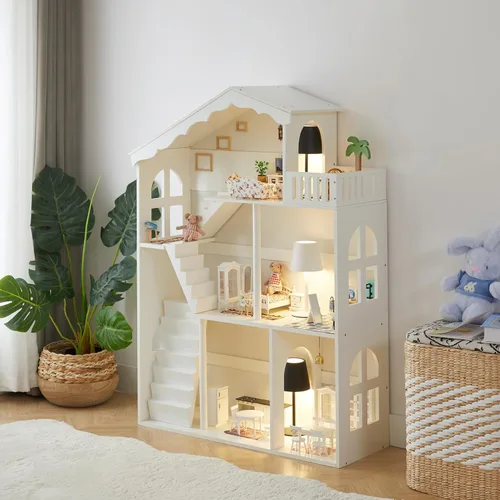 Vista 10 de Estantería de madera para casa de muñecas – Estantería de casa de muñecas para niños pequeños, estante de almacenamiento de juguetes para niños