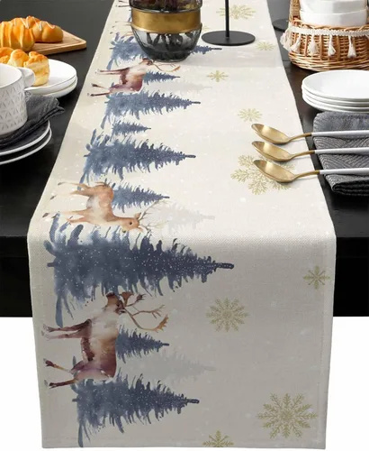 Vista 8 de Camino de Mesa de Ciervos Navideños de Campo - Algodón y Lino de 36 Pulgadas, Bufandas para Tocador Navideñas, Árbol de Navidad Acuarela Alce