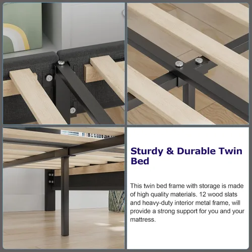 Vista 7 de VECELO Base de cama de tamaño individual con cajón de almacenamiento, base de cama de plataforma resistente con cabecera y fuerte soporte de Negro