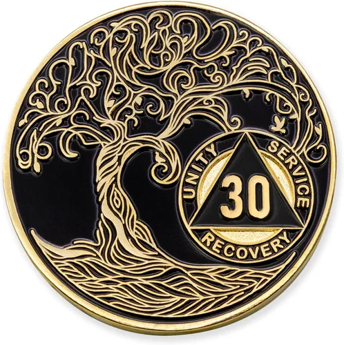 Vista 129 de 1 año Sobriety Mint Twisted Tree of Life Medallón de recuperación AA chapado en oro, chip/ficha - negro