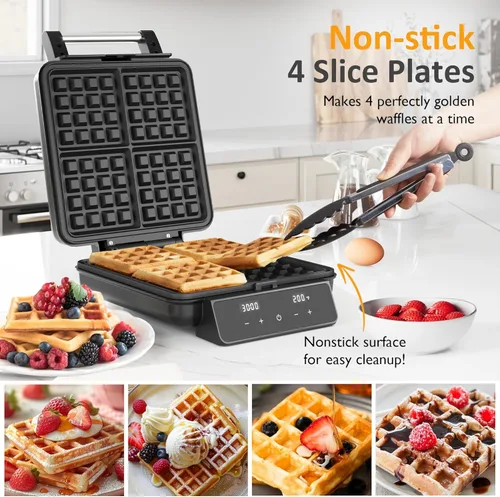 Vista 3 de Fabricante de Waffles de 4 Rebanadas con Superficie Antiadherente, Plancha para Waffles de 1200W, Control de Tiempo y Temperatura, Pantalla LCD