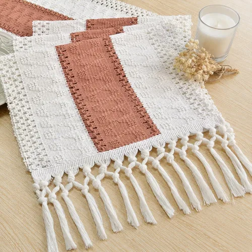 Vista 24 de FEXIA Camino de mesa bohemio para decoración del hogar, 12 x 72 pulgadas, decoración rústica de macramé Beige