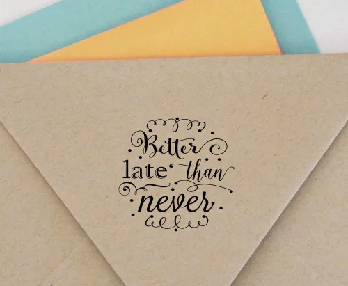 Vista 3 de Printtoo Ronda mejor tarde que nunca texto auto entintado sello de goma boda invitación sello regalo idea