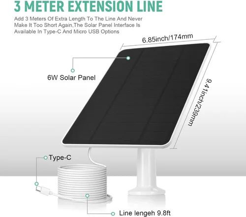 Vista 2 de Panel solar USB para cámara Ring, cargador de panel solar tipo C 5 V 6 W con cable de carga impermeable de 10 pies, micro USB y USB-C y puerto