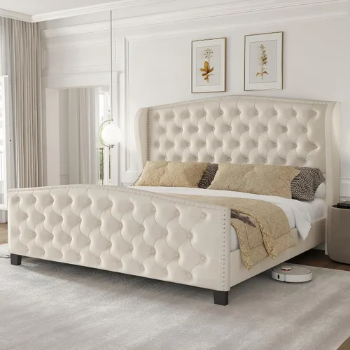 Vista 12 de LARMACE Base de Cama Tamaño King con Plataforma Tapizada de Terciopelo con Cabecera Wingback y Pie de Cama, Base de Cama con Capitoné de Botones