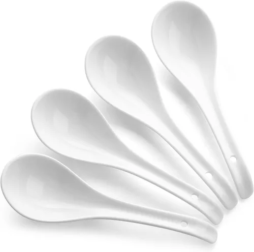 Vista 8 de DOWAN Cucharas de sopa, cerámica china, cucharas de sopa asiáticas, cuchara japonesa blanca grande para Ramen Pho Wonton Dumpling Miso, diseño