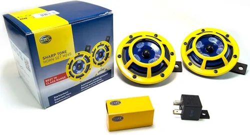HELLA H31000001 Sharptone Kit de bocinas dobles de tono alto/tono bajo de 12 V con rejilla protectora amarilla, incluye relé, 2 bocinas