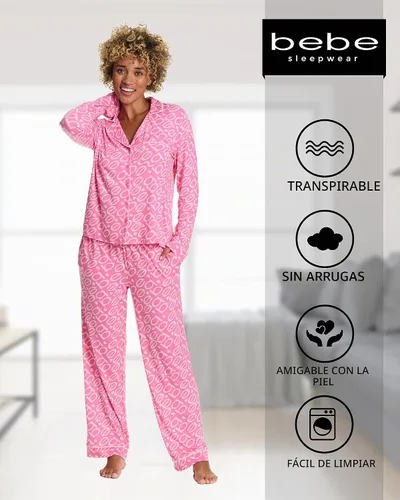 Vista 5 de bebe Pijama con botones para mujer, pijama de manga larga con botones y pantalones, conjunto de pijama para mujer Aurora rosa