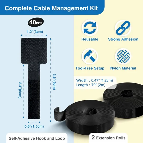 Vista 2 de Kit de gestión de cables – 40 sujetadores autoadhesivos de gancho y bucle con 2 correas de extensión – Fabricado con cinta 3M, organizador de cables