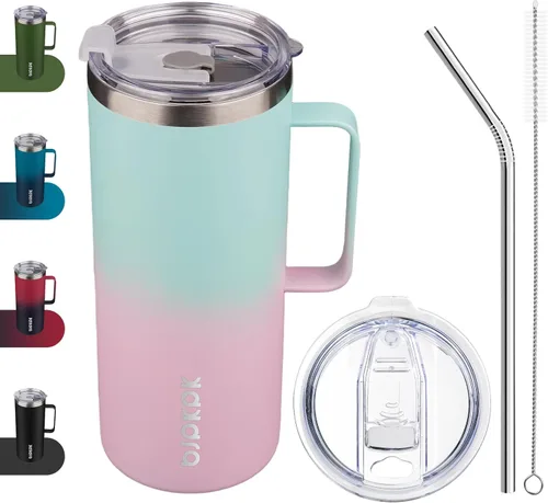 Vista 9 de BJPKPK Taza de café aislada con 2 tapas, vaso aislado de acero inoxidable de 25 onzas con asa, tazas de café de doble pared con aislamiento al