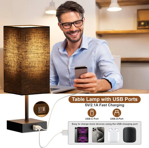 Vista 3 de Sailstar Lámpara de mesa para dormitorio, lámpara de noche táctil regulable de 3 vías, lámpara pequeña con 2 puertos de carga USB C+A, lámparas