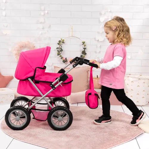 Vista 2 de Bayer: Cochecito de moda - rosa intenso - Incluye bolsa de hombro, se adapta a muñecas de hasta 18 pulgadas, mango ajustable, juego de simulación
