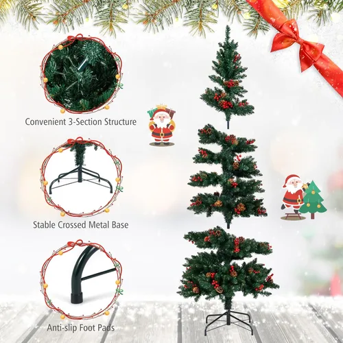 Vista 5 de DORTALA Árbol de Navidad de Lápiz Preiluminado de 7 Pies, Árbol de Navidad Artificial Delgado en Espiral con 220 Luces LED Blancas Cálidas, 791