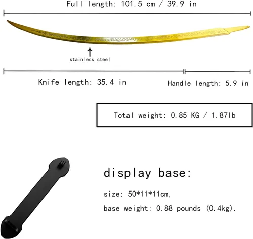 Vista 2 de Espada Melania de 45 pulgadas de longitud completa de acero inoxidable dorado con base, arma coleccionable para jugadores y fanáticos