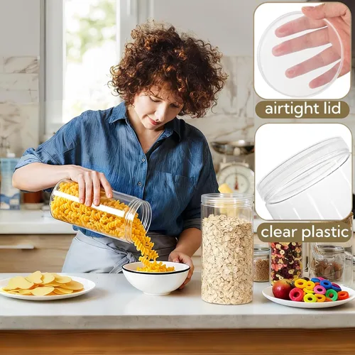 Vista 4 de Pumtus Paquete de 8 tarros de plástico transparente con tapa, tarros redondos de almacenamiento de dulces de 46 onzas, frascos grandes vacíos