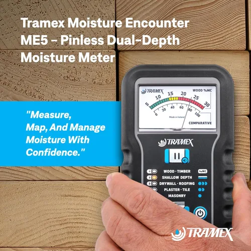 Vista 2 de Tramex Moisture Encounter ME5 Medidor sin clavijas para medir el contenido de humedad en madera, paneles de yeso y materiales de construcción