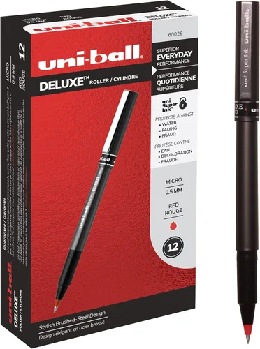 Uniball Deluxe, bolígrafos de punta redonda rojos, micropunta de 0.020 in, paquete de 12