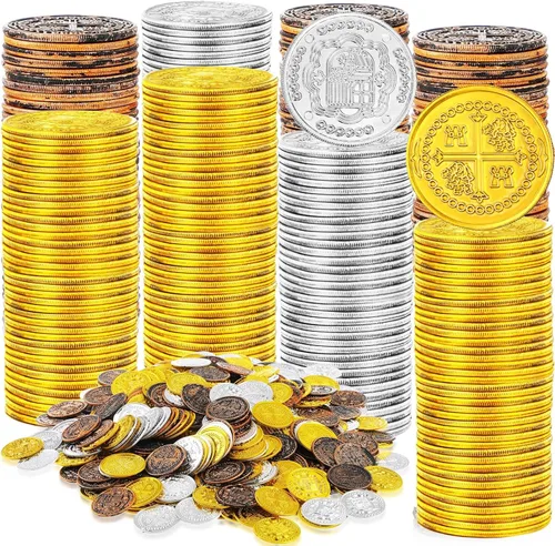 Vista 7 de Hanaive 100 piezas de monedas piratas de plástico, monedas falsas de juego, réplicas de doblones españoles para cofre del tesoro de fiesta pirata