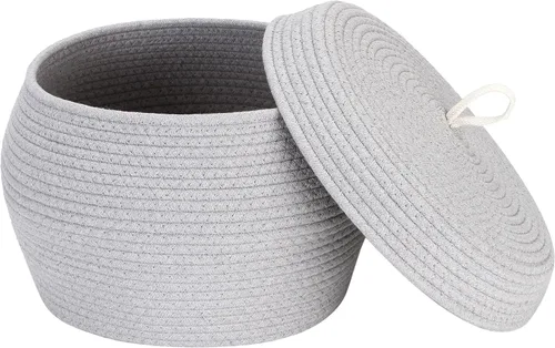 Vista 43 de Sea Team Cesta de almacenamiento redonda de cuerda de algodón con tapa, cesta de almacenamiento tejida con pompones de arcoíris coloridos, maceta