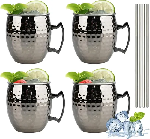 Vista 10 de TJ Moscow Mule - Juego de 2 tazas de mula, taza martillada negra, 17 onzas Negro