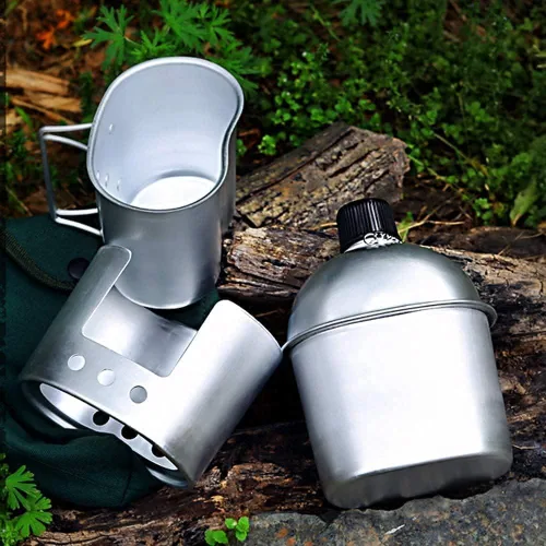 Vista 8 de Cantimplora Militar con Taza, Estufa y Bolsa Molle, Cantimplora Militar de Superávit del Ejército para Acampada al Aire Libre, Senderismo