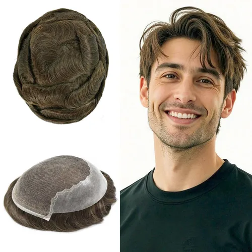 Vista 505 de Toupee - Sistemas de reemplazo de cabello para hombre, encaje frontal suizo, nudo blanqueado, pieza de cabello humano natural