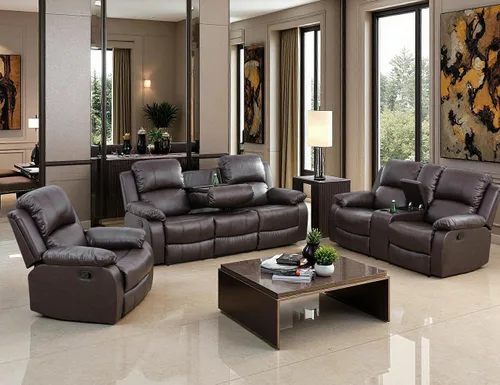 Vista 38 de Juego de Muebles para Sala de Estar, Juego de Sofá Reclinable Manual, Juegos de Sofás Reclinables de Cuero Beige con Mesa Desplegable, Sofá