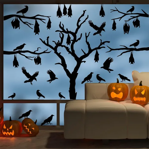 Vista 10 de Calcomanías de Halloween para ventana, calcomanías de brujas negras, calcomanías de pared de Halloween, murciélagos de árbol negro, murales de arte