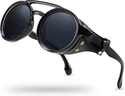 Technigadgets Finnegan Steampunk - Lentes de sol retro para hombre y mujer, con escudo lateral de cuero, doble puente de plástico, marco de Negro