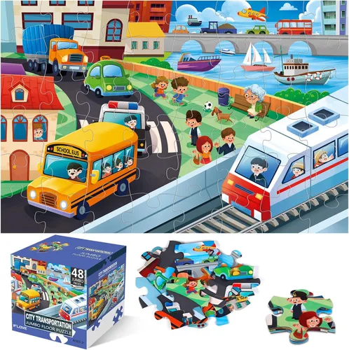 Rompecabezas de Piso Jumbo para Niños, Rompecabezas de Transporte de la Ciudad Rompecabezas Grandes, Rompecabezas de Vehículos de la Vida de la