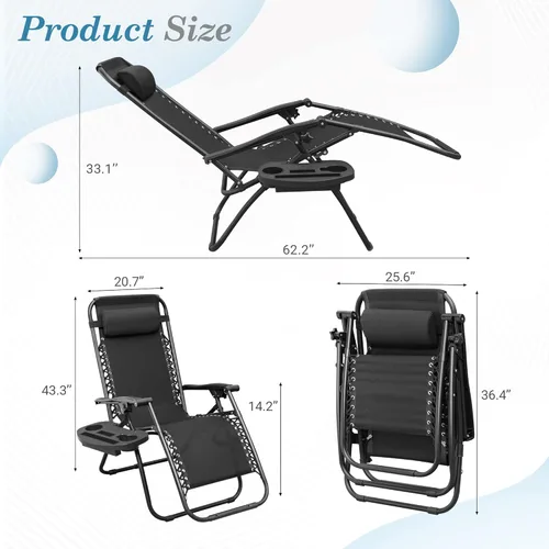 Vista 3 de Flamaker Patio Zero Gravity Chair - Silla plegable para exteriores, silla reclinable de descanso ajustable para césped con almohada para piscina