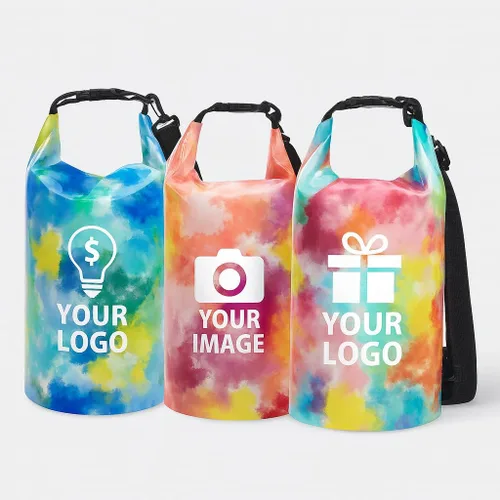 Vista 4 de Bolsas secas impermeables personalizadas, personalizables con tu logotipo, adecuadas para kayak, playa y navegación., Ocean Tie-dye