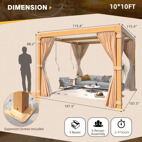 Vista 2 de MELLCOM Pérgola con Persianas – Pérgola de Aluminio de 10 x 10 pies con techo de persianas ajustables y cortinas y redes impermeables