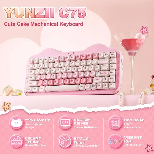 Vista 2 de YUNZII Teclado mecánico inalámbrico C75, diseño del 75%, NKRO intercambiable en caliente, modo BT5.0/2.4G/USB-C, teclas Dye-Sub PBT MOA, montaje