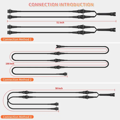 Vista 7 de 4 cables de extensión RGB de 47 pulgadas y 4 pines para motocicleta y 2 divisores de 2 vías, tira de luces de neón LED multicolor para motocicletas