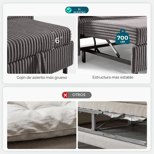 Vista 7 de LINSY HOME Sofá cama extraíble 3 en 1, sofá cama convertible de 58 pulgadas para sala de estar, mesa giratoria de 360°, reposabrazos de Gris
